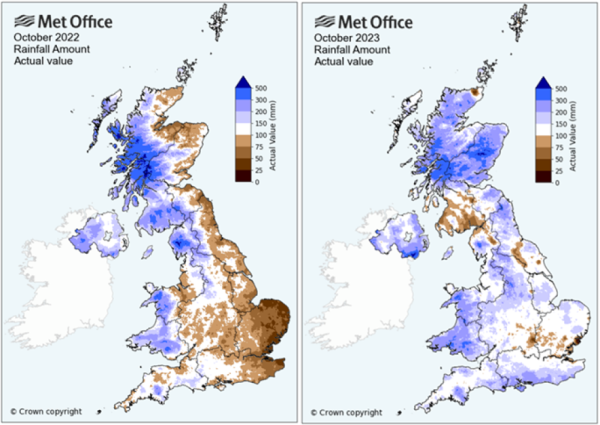 Maps showing rainfall in the UK in October 2022 and 2023